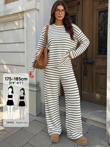 SHEIN Tall Women's Fall Casual Black And White Striped Top Pants 2 Pieces Set Lounge - Multicolor - View 8