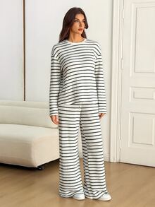 SHEIN Tall Women's Fall Casual Black And White Striped Top Pants 2 Pieces Set Lounge - Multicolor - View 6