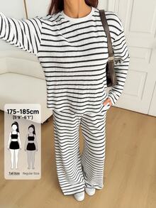 SHEIN Tall Women's Fall Casual Black And White Striped Top Pants 2 Pieces Set Lounge - Multicolor - View 1