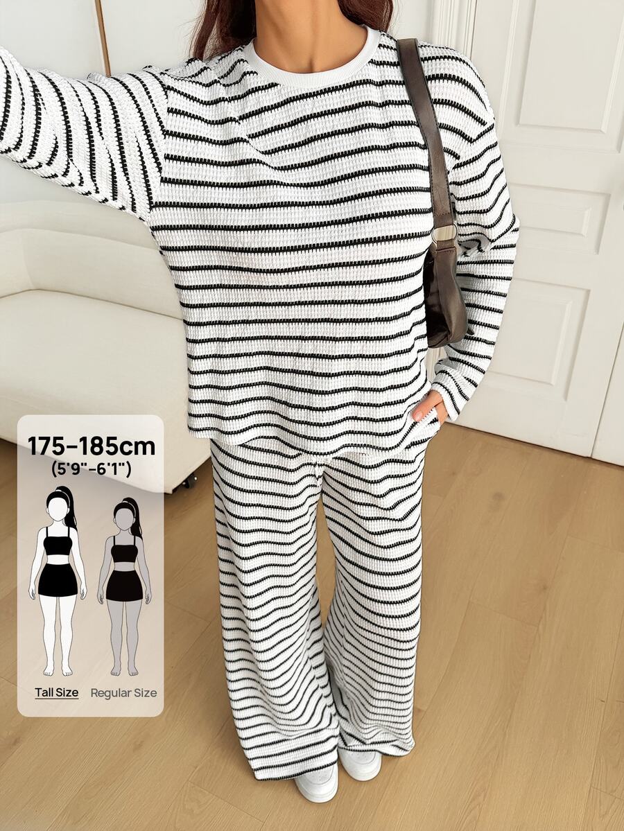 SHEIN Tall Women's Fall Casual Black And White Striped Top Pants 2 Pieces Set Lounge - Multicolor - View 1