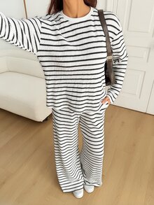 SHEIN Tall Women's Fall Casual Black And White Striped Top Pants 2 Pieces Set Lounge - Multicolor - View 5