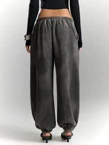 BAD SUNDAY Women's Autumn/Winter Star PU Patchwork Embroidered Elastic Waist Sweatpants, Street Retro Versatile Hot Girl Y2K Style - Grey - View 2
