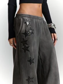 BAD SUNDAY Women's Autumn/Winter Star PU Patchwork Embroidered Elastic Waist Sweatpants, Street Retro Versatile Hot Girl Y2K Style - Grey - View 5