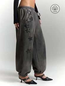 BAD SUNDAY Women's Autumn/Winter Star PU Patchwork Embroidered Elastic Waist Sweatpants, Street Retro Versatile Hot Girl Y2K Style - Grey - View 4