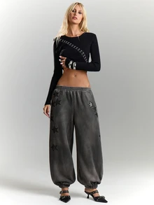 BAD SUNDAY Women's Autumn/Winter Star PU Patchwork Embroidered Elastic Waist Sweatpants, Street Retro Versatile Hot Girl Y2K Style - Grey - View 3