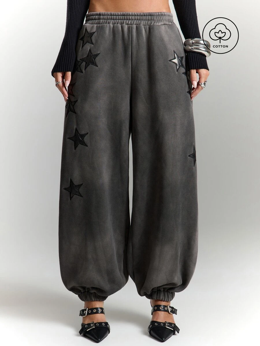 BAD SUNDAY Women's Autumn/Winter Star PU Patchwork Embroidered Elastic Waist Sweatpants, Street Retro Versatile Hot Girl Y2K Style - Grey - View 1