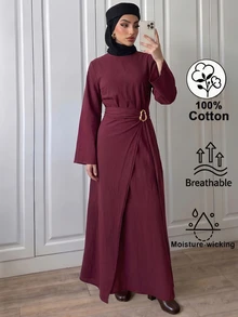 Omancia Gaun Kasual Wanita Lengan Panjang Polos Panjang Sedang dengan Hiasan Metal di Pinggang - Burgundy - View 4