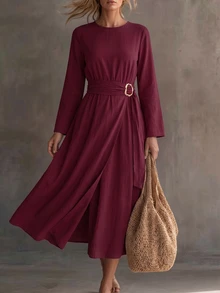 Omancia Gaun Kasual Wanita Lengan Panjang Polos Panjang Sedang dengan Hiasan Metal di Pinggang - Burgundy - View 1
