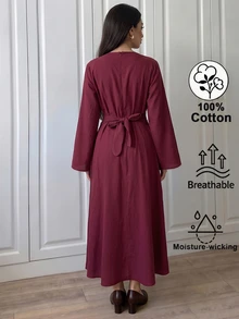 Omancia Gaun Kasual Wanita Lengan Panjang Polos Panjang Sedang dengan Hiasan Metal di Pinggang - Burgundy - View 3