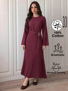 Omancia Gaun Kasual Wanita Lengan Panjang Polos Panjang Sedang dengan Hiasan Metal di Pinggang - Burgundy - View 5