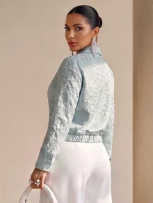 Structelle 女款提花單排扣休閒百搭長袖夾克 - 綠色 - 查看 2