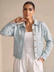 Structelle 女款提花單排扣休閒百搭長袖夾克 - 綠色 - 查看 7