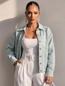 Structelle 女款提花單排扣休閒百搭長袖夾克 - 綠色 - 查看 6