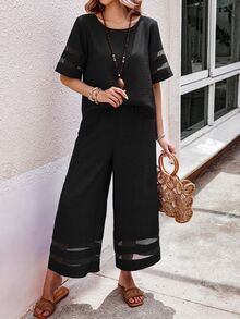 EMERY ROSE Women's Bohemian Linen Mesh Patchwork Casual Set - Black - View 4