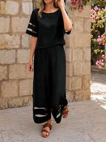 EMERY ROSE Women's Bohemian Linen Mesh Patchwork Casual Set - Black - View 3