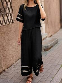 EMERY ROSE Women's Bohemian Linen Mesh Patchwork Casual Set - Black - View 1