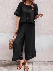 EMERY ROSE Women's Bohemian Linen Mesh Patchwork Casual Set - Black - View 6