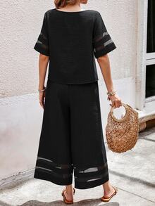EMERY ROSE Women's Bohemian Linen Mesh Patchwork Casual Set - Black - View 2