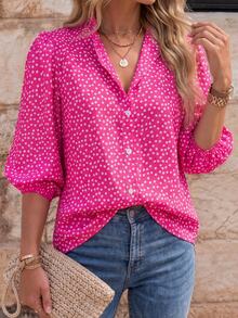EMERY ROSE Ditsy Floral Single Breasted Casual Daily Mid-Sleeve Shirt For New Year - Hot Pink - View 3