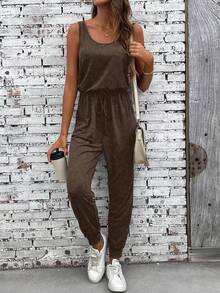 EMERY ROSE 女士休闲度假简约纯色圆领抽绳腰带侧口袋连体裤 - 棕色 - 查看 4