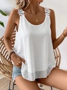 EMERY ROSE Women's 2026 New Lace Trim Chiffon Camisole For Vacation - White - View 6