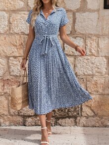 EMERY ROSE Ditsy Floral Print Belted Pleated Hem Shirt Dress - Dusty Blue - View 3
