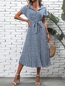 EMERY ROSE Ditsy Floral Print Belted Pleated Hem Shirt Dress - Dusty Blue - View 7