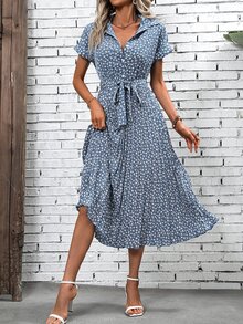 EMERY ROSE Ditsy Floral Print Belted Pleated Hem Shirt Dress - Dusty Blue - View 5