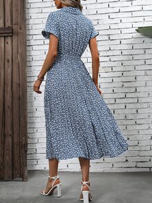 EMERY ROSE Ditsy Floral Print Belted Pleated Hem Shirt Dress - Dusty Blue - View 2