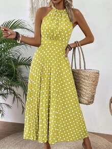 EMERY ROSE Women's Polka Dot Halter Sleeveless Dress Maxi Vacation Beach Outfit - Yellow - View 6