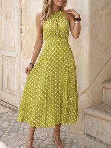EMERY ROSE Women's Polka Dot Halter Sleeveless Dress Maxi Vacation Beach Outfit - Yellow - View 3
