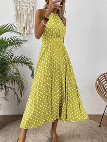EMERY ROSE Women's Polka Dot Halter Sleeveless Dress Maxi Vacation Beach Outfit - Yellow - View 7