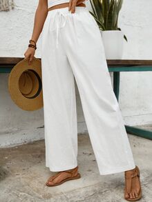 EMERY ROSE Women's Solid Color Front Tie Pocket Minimalist Casual Pants, For Everyday Wear Fall Cloth For Women - White - View 7