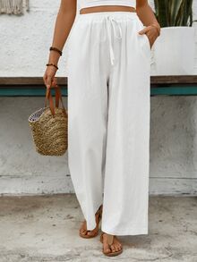 EMERY ROSE Women's Solid Color Front Tie Pocket Minimalist Casual Pants, For Everyday Wear Fall Cloth For Women - White - View 1