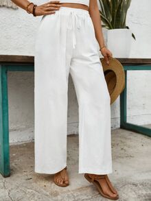 EMERY ROSE Women's Solid Color Front Tie Pocket Minimalist Casual Pants, For Everyday Wear Fall Cloth For Women - White - View 6