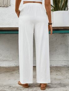 EMERY ROSE Women's Solid Color Front Tie Pocket Minimalist Casual Pants, For Everyday Wear Fall Cloth For Women - White - View 2