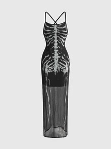 ROMWE Đầm len dệt kim màu đen phong cách Gothic quyến rũ in họa tiết xương cho nữ - màu đen - Xem 1