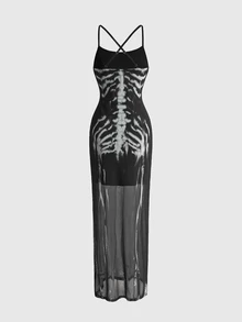 ROMWE Đầm len dệt kim màu đen phong cách Gothic quyến rũ in họa tiết xương cho nữ - màu đen - Xem 2