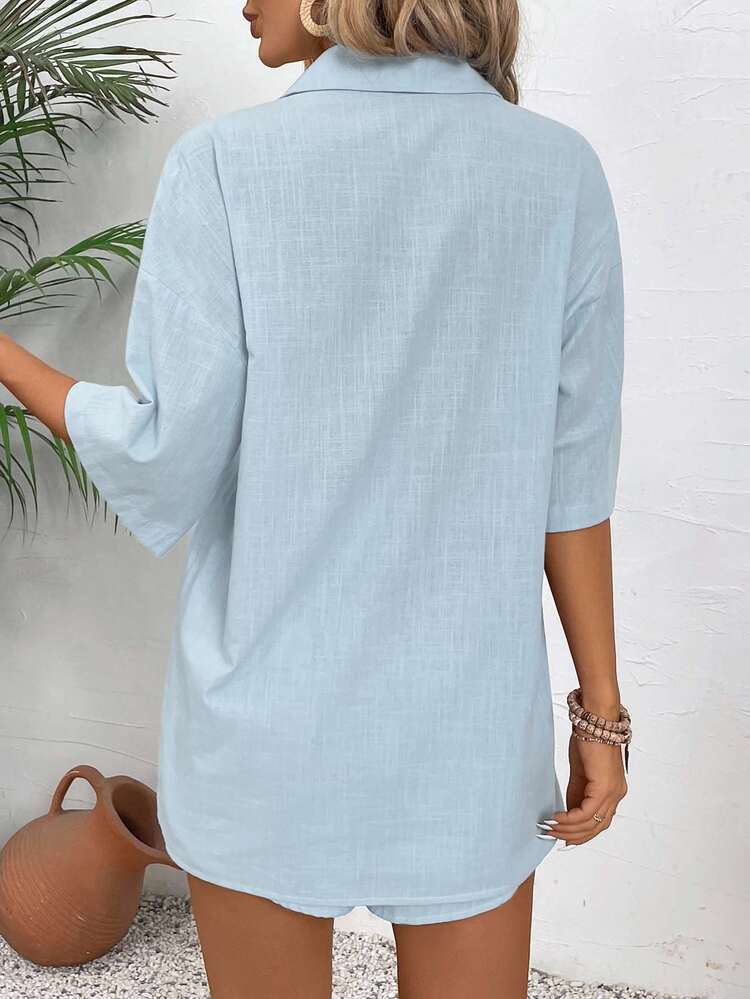EMERY ROSE 2pcs Women Summer Minimalist Solid Color Loose Front Button Shirt & Shorts Set - Dusty Blue - View 2