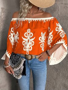 EMERY ROSE Women's Off-Shoulder Floral Print Casual Versatile Daily Wear Blouse - Burnt Orange - View 4