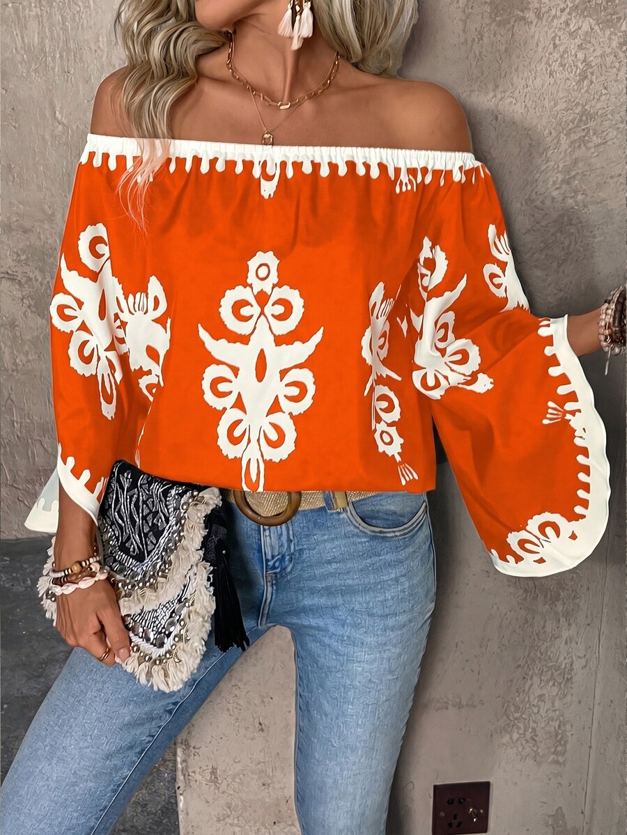 EMERY ROSE Women's Off-Shoulder Floral Print Casual Versatile Daily Wear Blouse - Burnt Orange - View 1