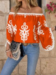 EMERY ROSE Women's Off-Shoulder Floral Print Casual Versatile Daily Wear Blouse - Burnt Orange - View 3