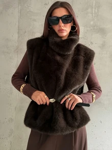 Aloruh Rompi Pullover Bulu Imitasi Leher Tinggi Elegan untuk Wanita dengan Sabuk - Coklat - View 4