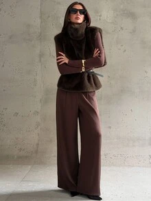 Aloruh Rompi Pullover Bulu Imitasi Leher Tinggi Elegan untuk Wanita dengan Sabuk - Coklat - View 5