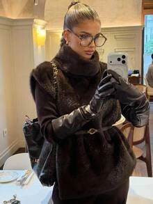Aloruh Rompi Pullover Bulu Imitasi Leher Tinggi Elegan untuk Wanita dengan Sabuk - Coklat - View 1
