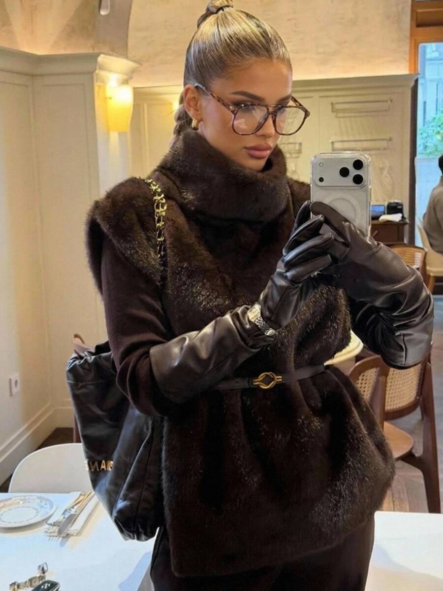 Aloruh Rompi Pullover Bulu Imitasi Leher Tinggi Elegan untuk Wanita dengan Sabuk - Coklat - View 1