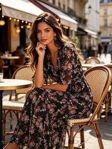 EMERY ROSE New Deep V-Neck Elegant Waist Cinched Chiffon Ditsy Floral Dress, Spring/Summer - Black - View 7