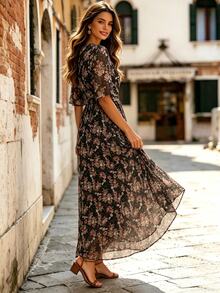 EMERY ROSE New Deep V-Neck Elegant Waist Cinched Chiffon Ditsy Floral Dress, Spring/Summer - Black - View 2