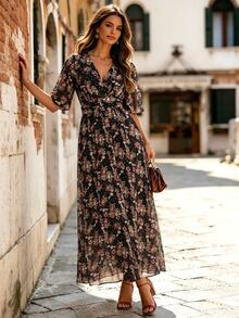 EMERY ROSE New Deep V-Neck Elegant Waist Cinched Chiffon Ditsy Floral Dress, Spring/Summer - Black - View 5