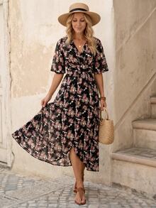 EMERY ROSE New Deep V-Neck Elegant Waist Cinched Chiffon Ditsy Floral Dress, Spring/Summer - Black - View 3
